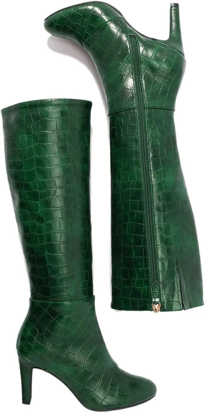 FOWT Women Croc-Embossed Mid Calf Boots Round Toe High Stiletto Heel Long Boots Sexy Side Zipper Unisex Warm Shoes for Office Outdoor Party 4-16 US Size