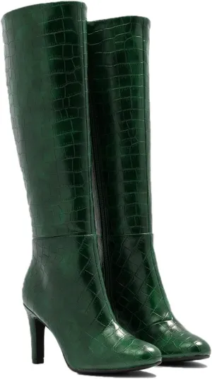 FOWT Women Croc-Embossed Mid Calf Boots Round Toe High Stiletto Heel Long Boots Sexy Side Zipper Unisex Warm Shoes for Office Outdoor Party 4-16 US Size
