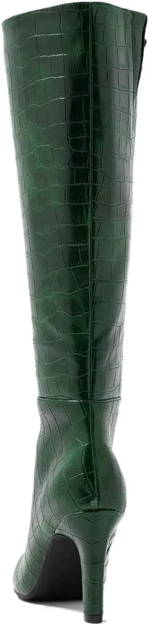 FOWT Women Croc-Embossed Mid Calf Boots Round Toe High Stiletto Heel Long Boots Sexy Side Zipper Unisex Warm Shoes for Office Outdoor Party 4-16 US Size