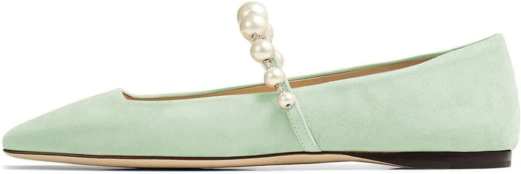 FOWT Women Square Toe Slip on Flats Pearl Studded Strap Elegant Pumps Wedding Bride Prom Dressy Shoes Size 4-15 US