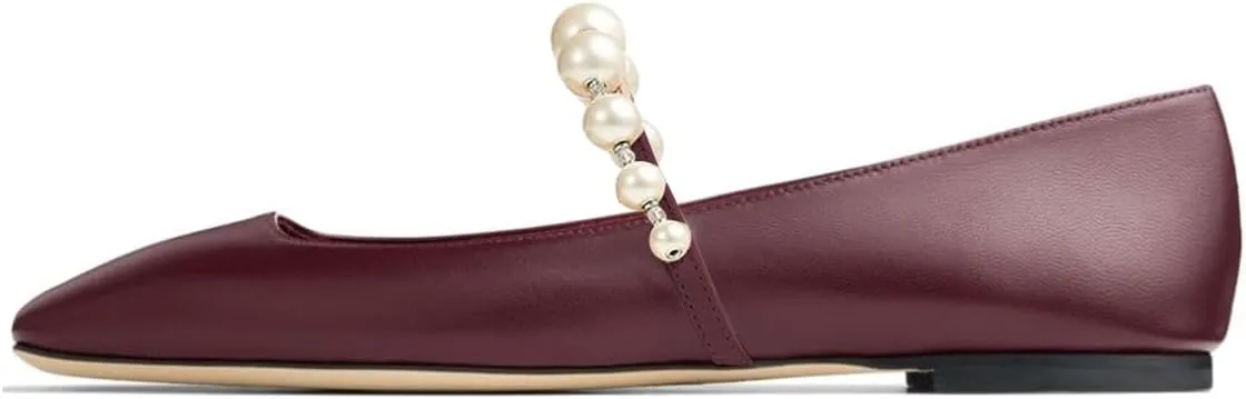 FOWT Women Square Toe Slip on Flats Pearl Studded Strap Elegant Pumps Wedding Bride Prom Dressy Shoes Size 4-15 US