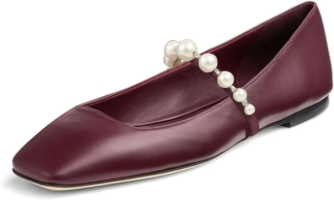 FOWT Women Square Toe Slip on Flats Pearl Studded Strap Elegant Pumps Wedding Bride Prom Dressy Shoes Size 4-15 US