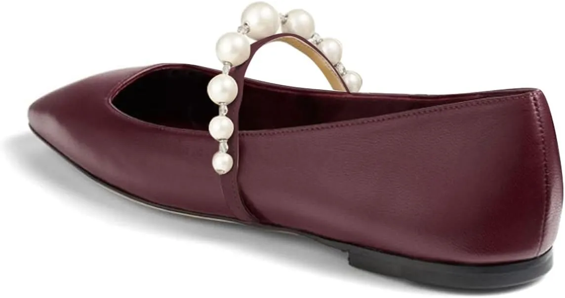 FOWT Women Square Toe Slip on Flats Pearl Studded Strap Elegant Pumps Wedding Bride Prom Dressy Shoes Size 4-15 US