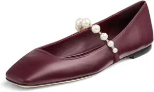 FOWT Women Square Toe Slip on Flats Pearl Studded Strap Elegant Pumps Wedding Bride Prom Dressy Shoes Size 4-15 US
