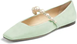 FOWT Women Square Toe Slip on Flats Pearl Studded Strap Elegant Pumps Wedding Bride Prom Dressy Shoes Size 4-15 US