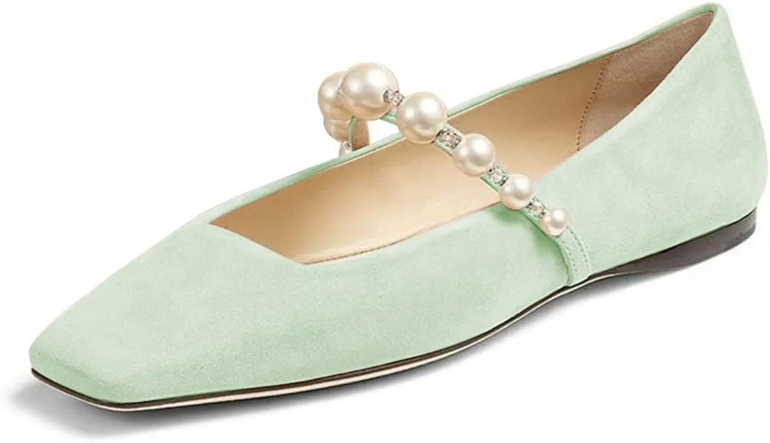 FOWT Women Square Toe Slip on Flats Pearl Studded Strap Elegant Pumps Wedding Bride Prom Dressy Shoes Size 4-15 US