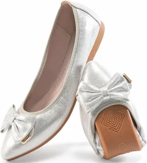 FUDYNMALC Womens Ballet Flats Shoes: Foldable Dressy Wedding Ballerina Shoes Sparkly Bowknot Pointed Toe Slip on Walking Loafers
