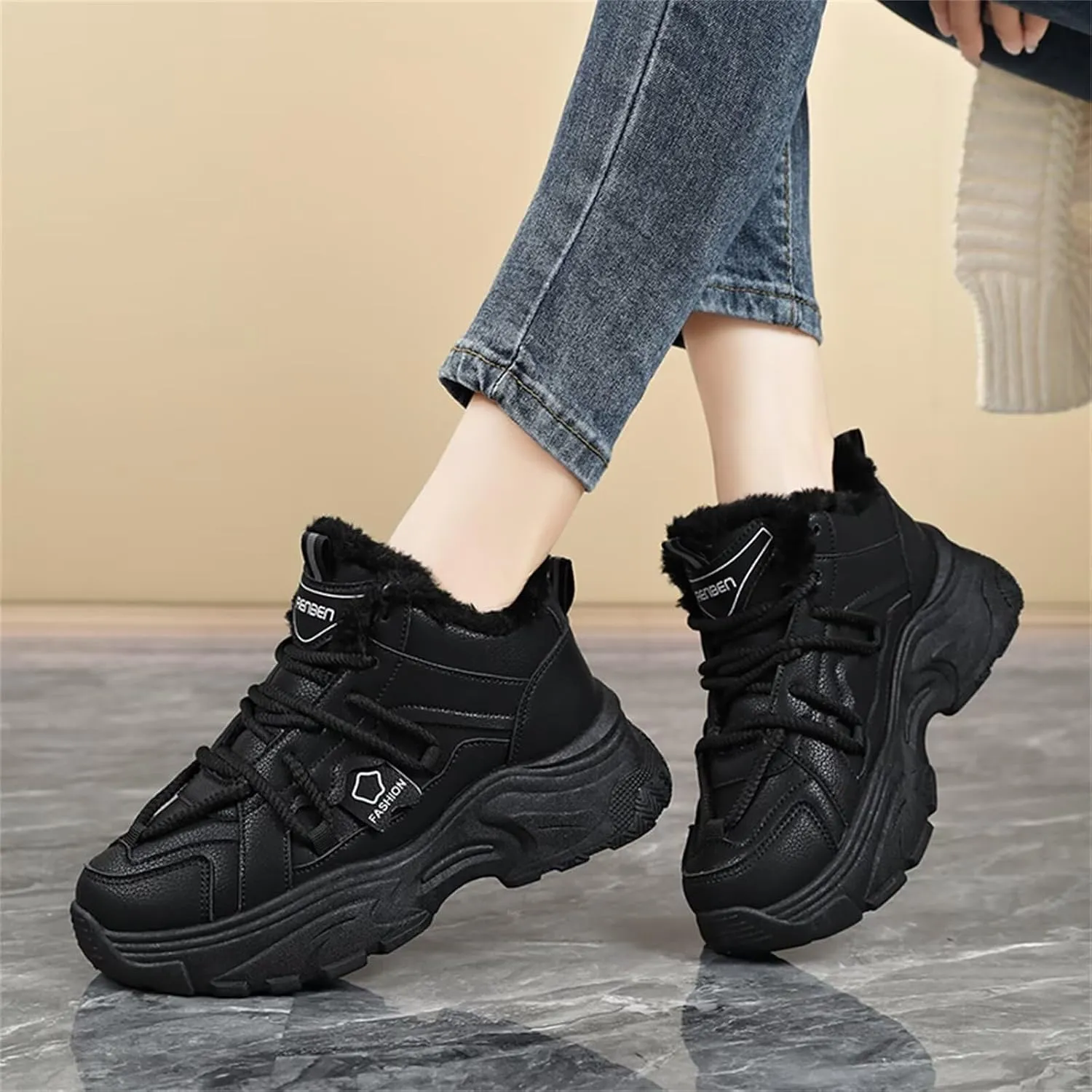 Fur Lined Winter Sneakers for Women Fashion Dad Shoes Warm Fleece Lining Comfortable Chunky Platform Sneakers for Girls