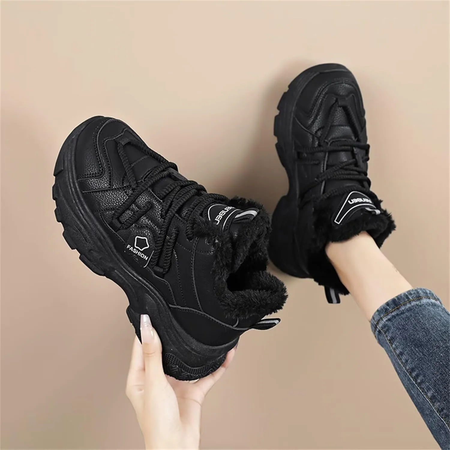 Fur Lined Winter Sneakers for Women Fashion Dad Shoes Warm Fleece Lining Comfortable Chunky Platform Sneakers for Girls