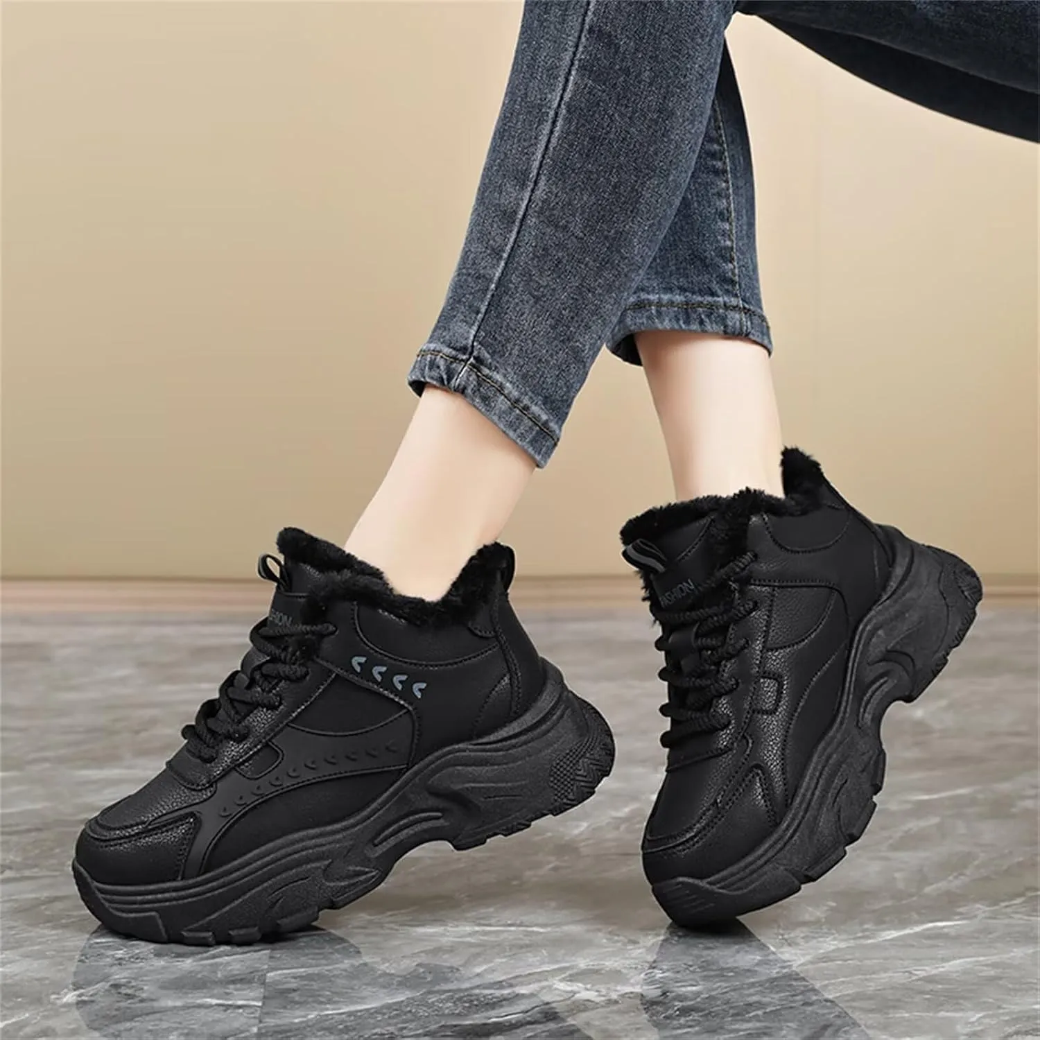 Fur Lined Winter Sneakers for Women Fashion Dad Shoes Warm Fleece Lining Comfortable Chunky Platform Sneakers for Girls