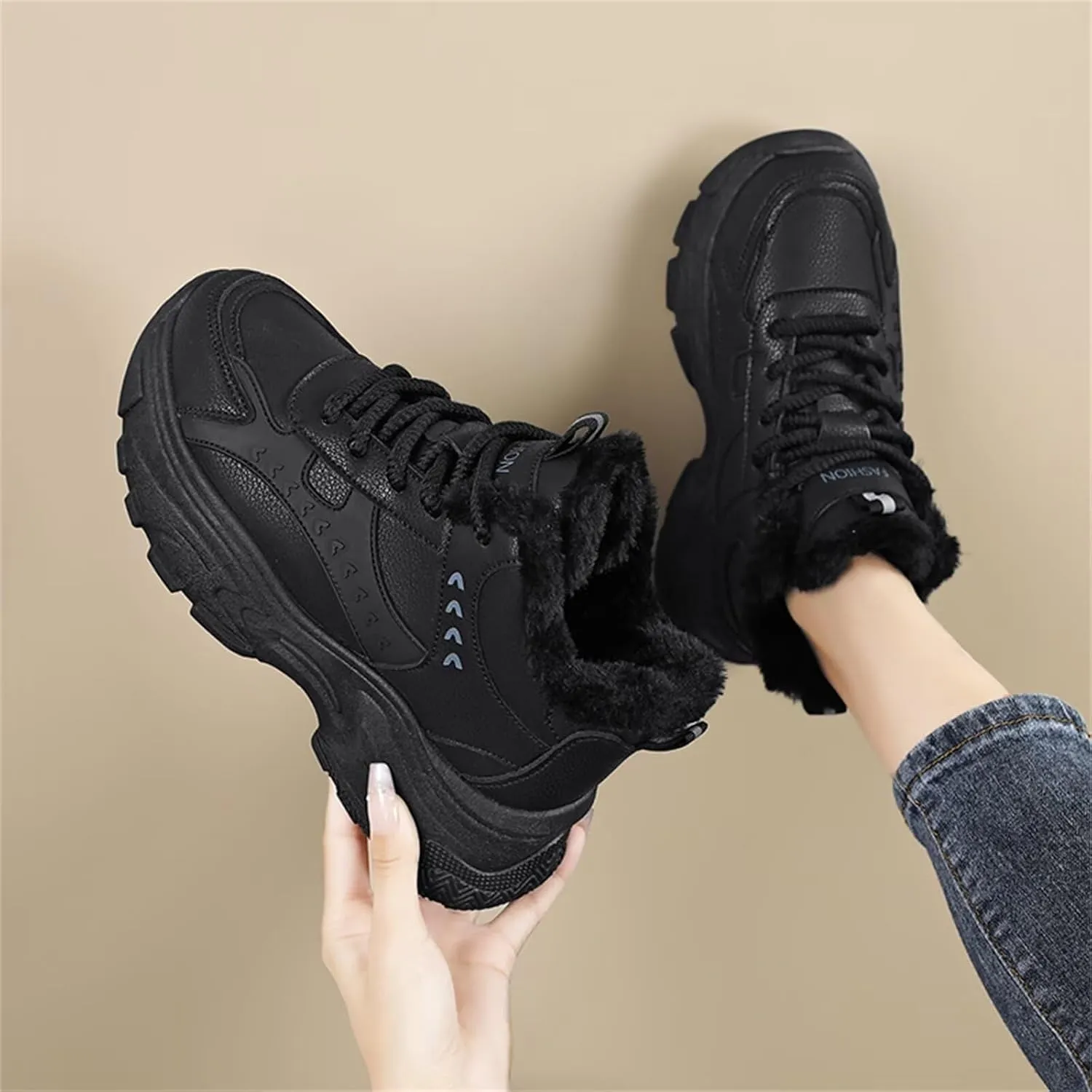 Fur Lined Winter Sneakers for Women Fashion Dad Shoes Warm Fleece Lining Comfortable Chunky Platform Sneakers for Girls