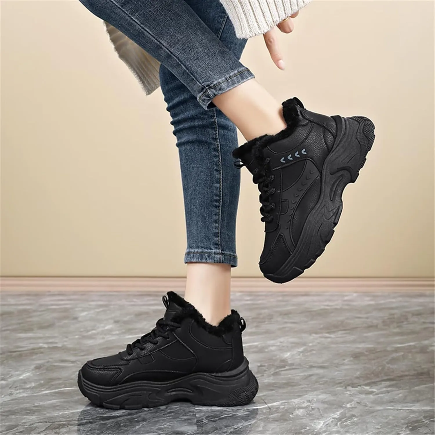 Fur Lined Winter Sneakers for Women Fashion Dad Shoes Warm Fleece Lining Comfortable Chunky Platform Sneakers for Girls