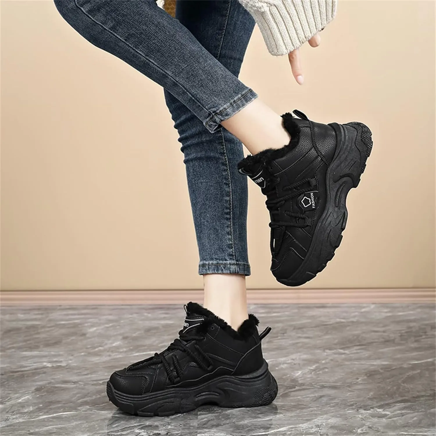 Fur Lined Winter Sneakers for Women Fashion Dad Shoes Warm Fleece Lining Comfortable Chunky Platform Sneakers for Girls