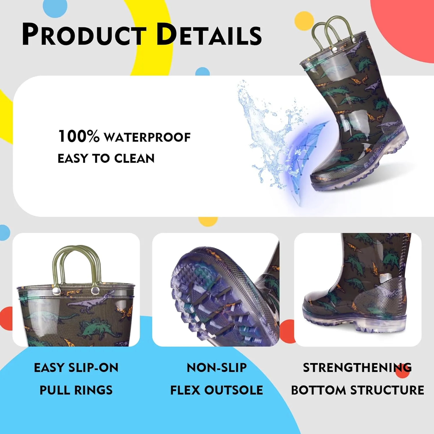 GAWBAW Toddler Rain Boots Kids With Glitter Light up Rain Boots With Easy-on Handles Waterproof For Boys and Girls