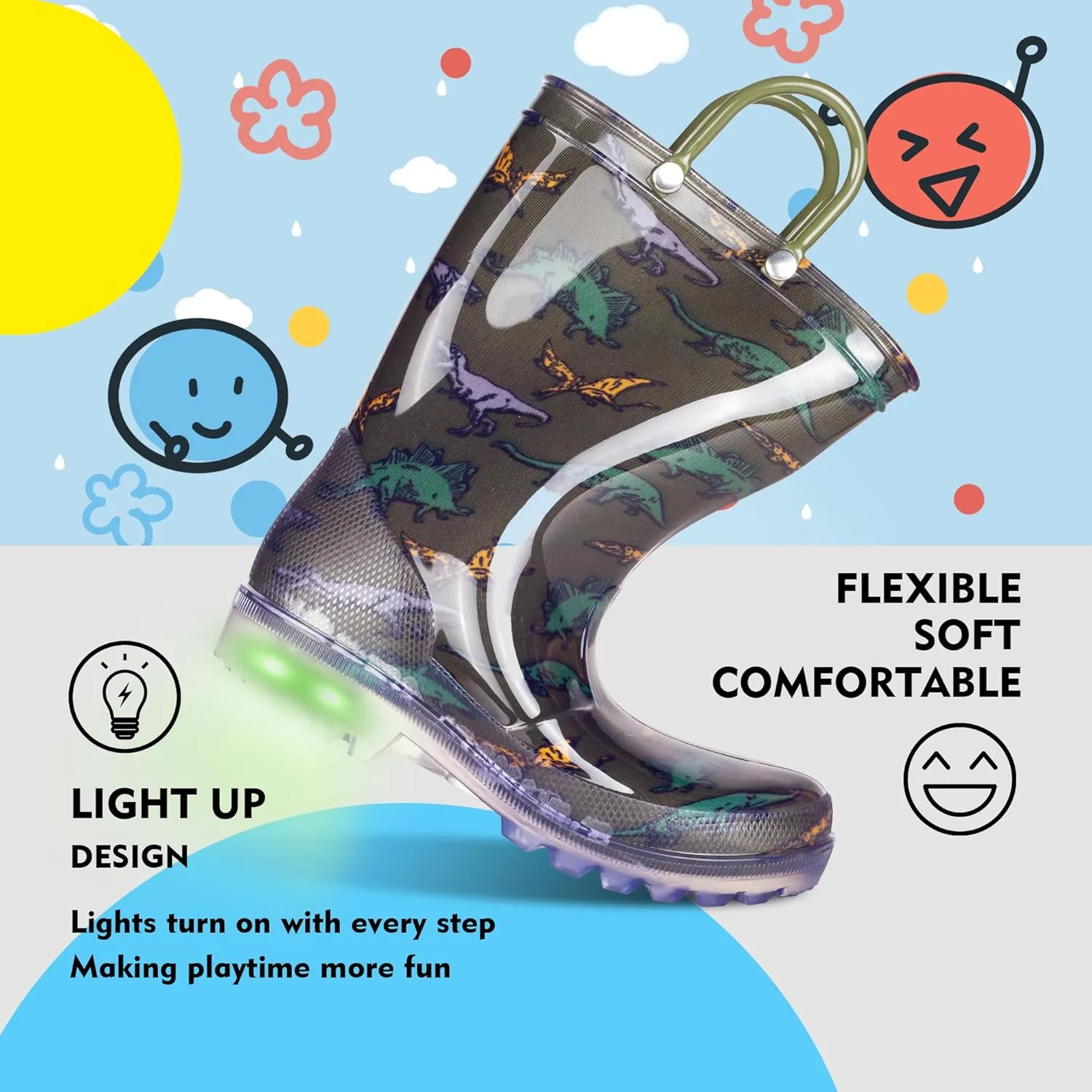 GAWBAW Toddler Rain Boots Kids With Glitter Light up Rain Boots With Easy-on Handles Waterproof For Boys and Girls