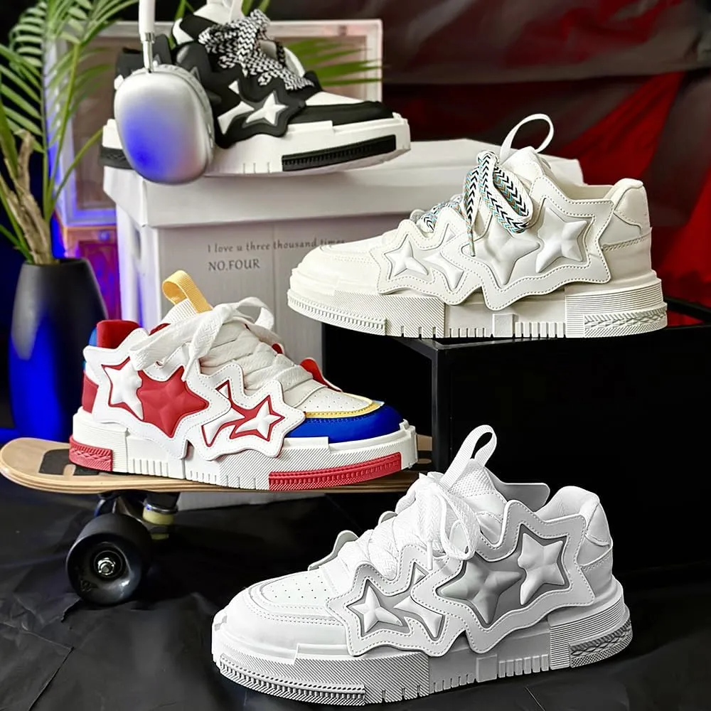 Geerta Chunky Y2K Star Sneaker Platform Ugly-Cute Retro Fashion White Walking Shoes for Women Teen Girls Thick Sole Vintage Japanese Street Style Wide Round Toe Trainer