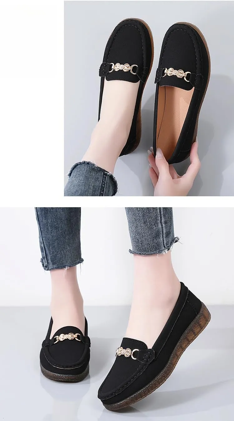 Geerta Women's Moccasins Fashion Chain Decorated Low Top Round Toe Shoes Orthopedic Sandals, Cute Casual Comfortable Lightweight Slip on Shoes, Female Solid All-Match Loafers for Daily Wear