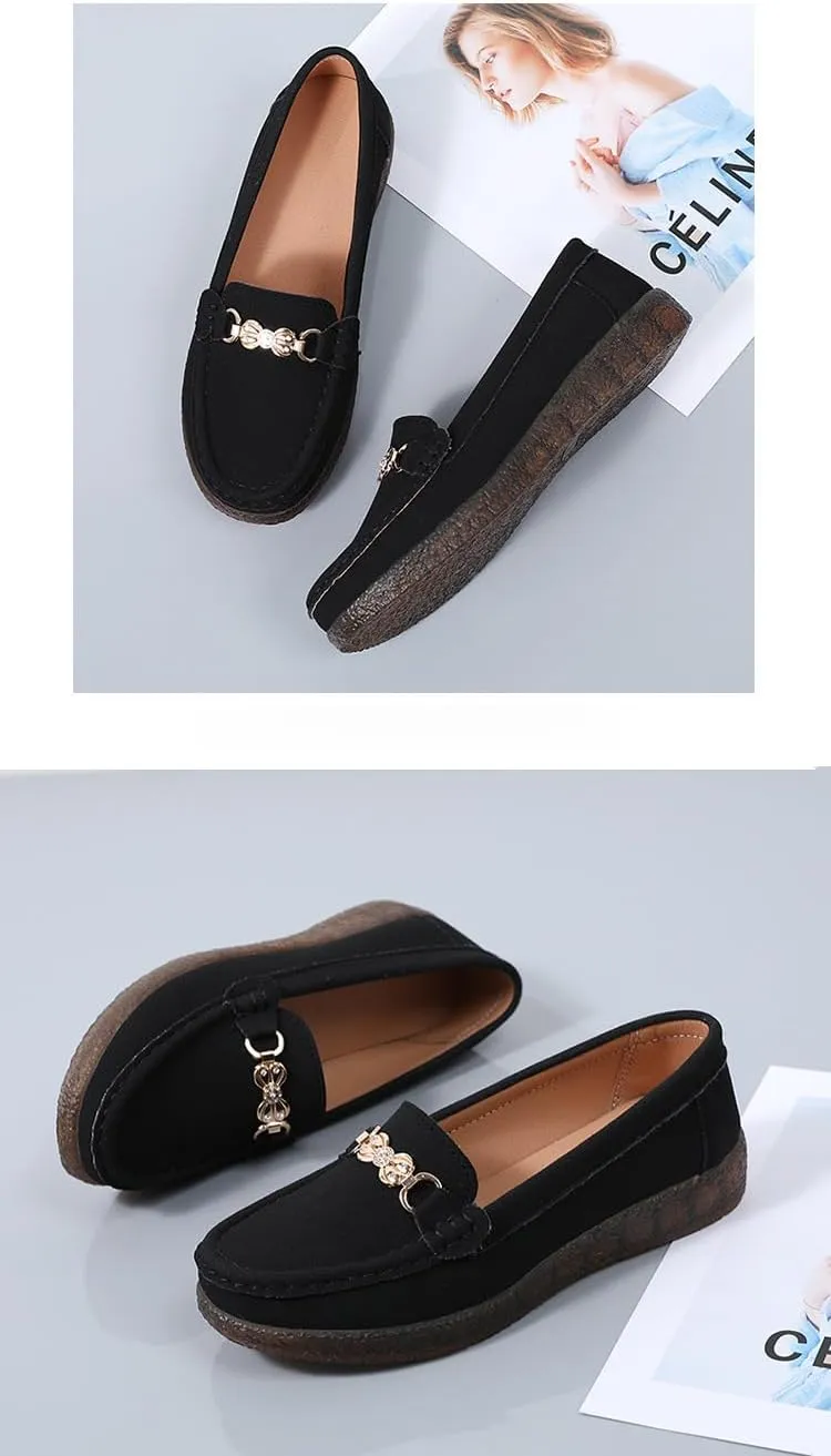 Geerta Women's Moccasins Fashion Chain Decorated Low Top Round Toe Shoes Orthopedic Sandals, Cute Casual Comfortable Lightweight Slip on Shoes, Female Solid All-Match Loafers for Daily Wear