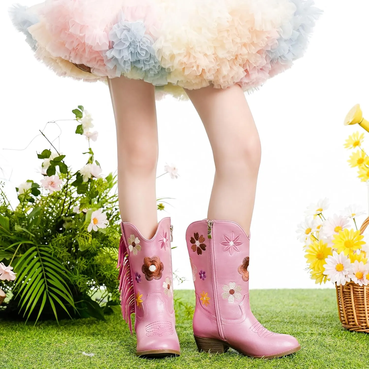 Girls Cowboy Boots Toddler Cowgirl Floral Embroidered Fringe Little Kids Western Boots Girl Riding Boot Birthday Party