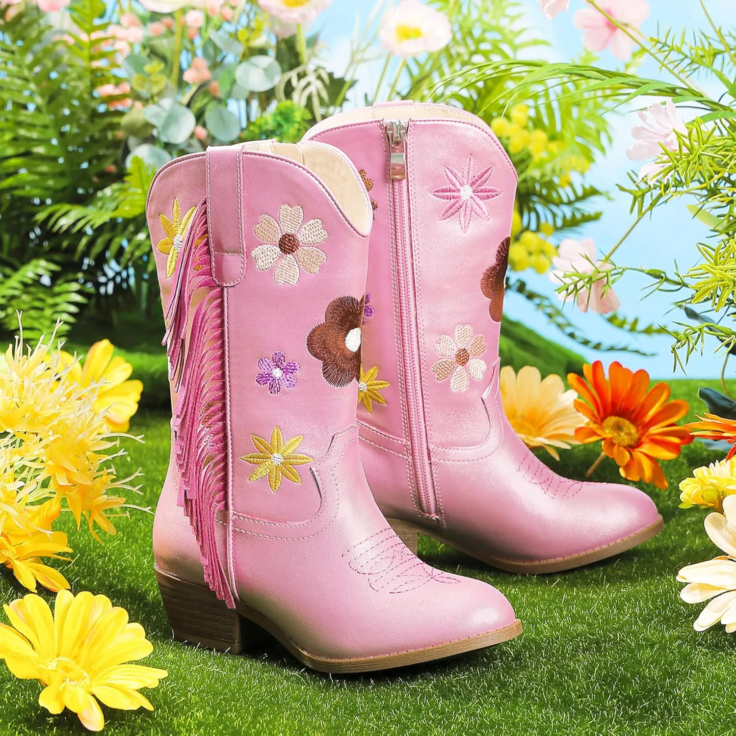 Girls Cowboy Boots Toddler Cowgirl Floral Embroidered Fringe Little Kids Western Boots Girl Riding Boot Birthday Party