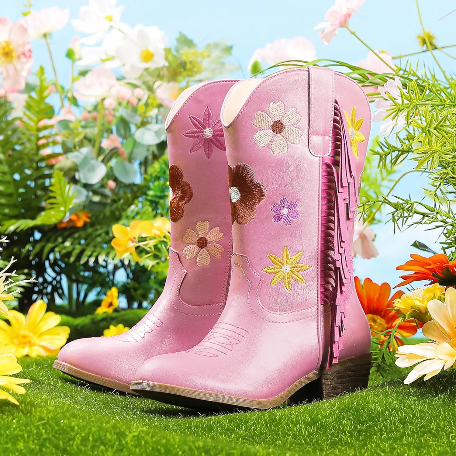 Girls Cowboy Boots Toddler Cowgirl Floral Embroidered Fringe Little Kids Western Boots Girl Riding Boot Birthday Party