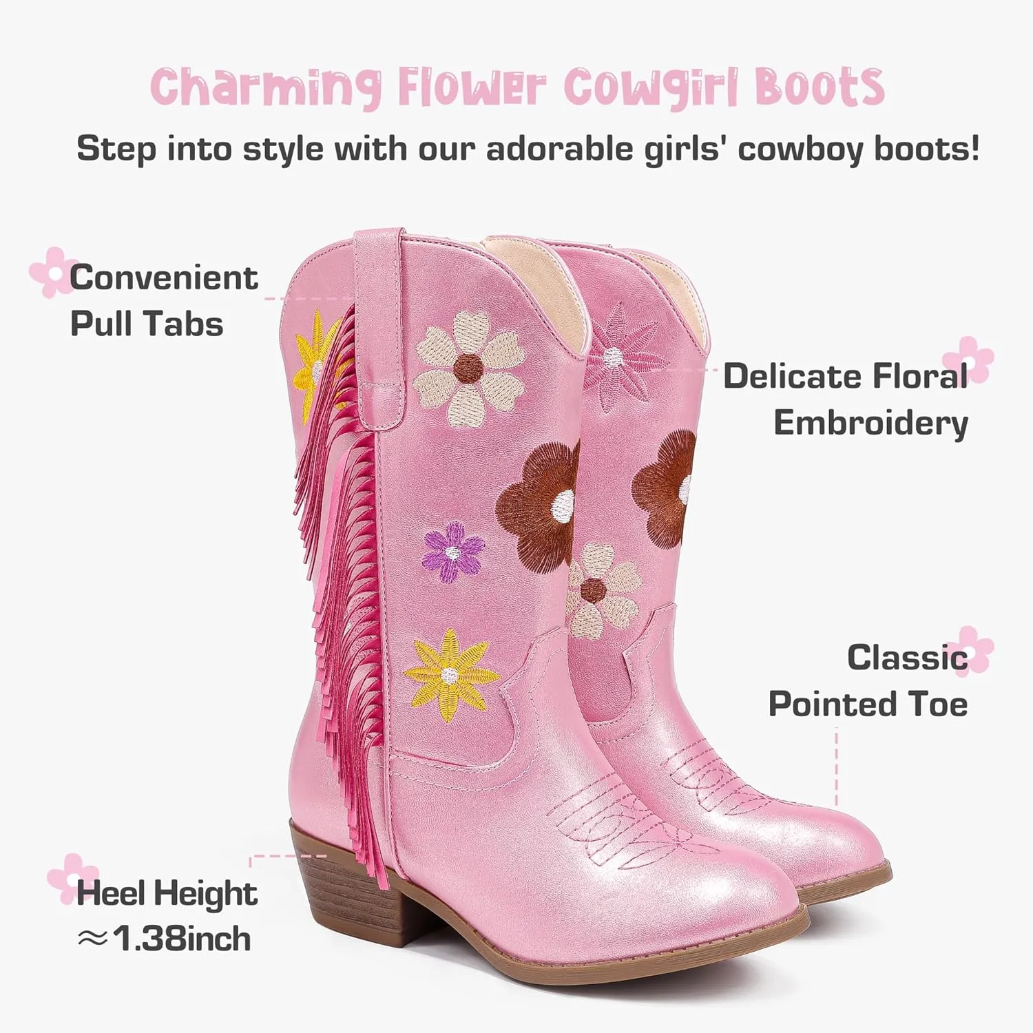 Girls Cowboy Boots Toddler Cowgirl Floral Embroidered Fringe Little Kids Western Boots Girl Riding Boot Birthday Party