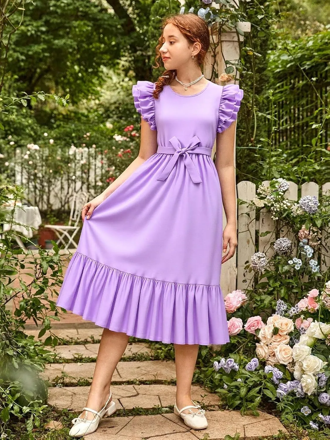 Girls Dresses Double Layer Ruffle Sleeve Dress Casual Summer Elegant A-Line Flowy Dresses 6-14 Years