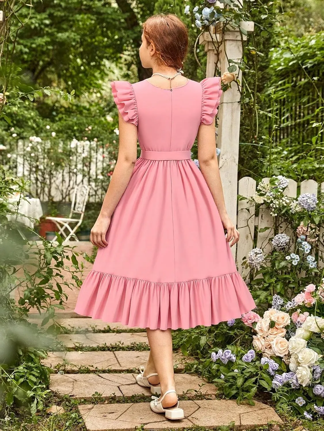 Girls Dresses Double Layer Ruffle Sleeve Dress Casual Summer Elegant A-Line Flowy Dresses 6-14 Years