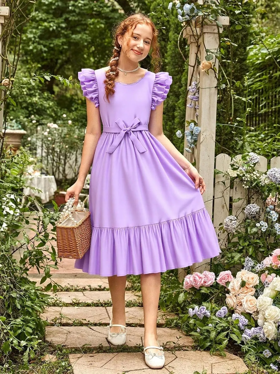 Girls Dresses Double Layer Ruffle Sleeve Dress Casual Summer Elegant A-Line Flowy Dresses 6-14 Years