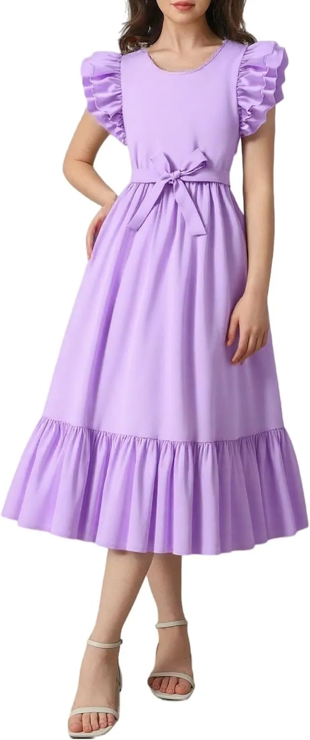 Girls Dresses Double Layer Ruffle Sleeve Dress Casual Summer Elegant A-Line Flowy Dresses 6-14 Years