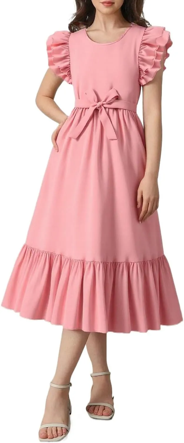 Girls Dresses Double Layer Ruffle Sleeve Dress Casual Summer Elegant A-Line Flowy Dresses 6-14 Years