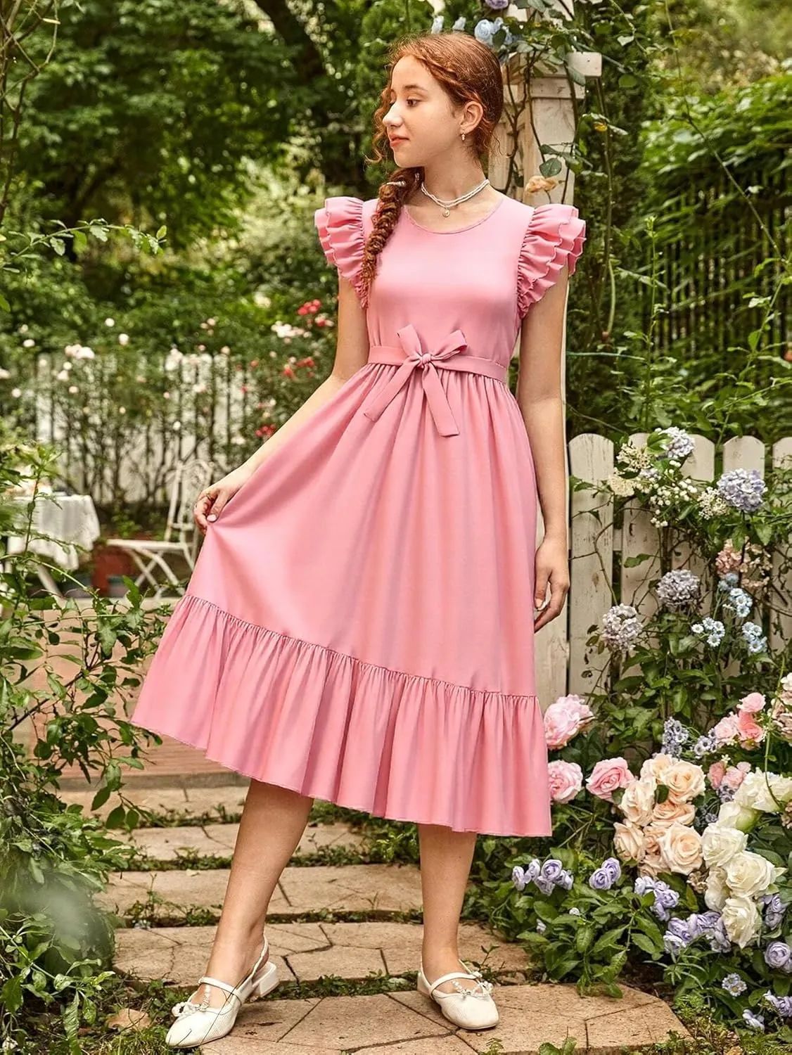 Girls Dresses Double Layer Ruffle Sleeve Dress Casual Summer Elegant A-Line Flowy Dresses 6-14 Years