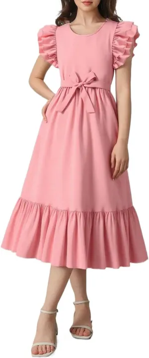 Girls Dresses Double Layer Ruffle Sleeve Dress Casual Summer Elegant A-Line Flowy Dresses 6-14 Years