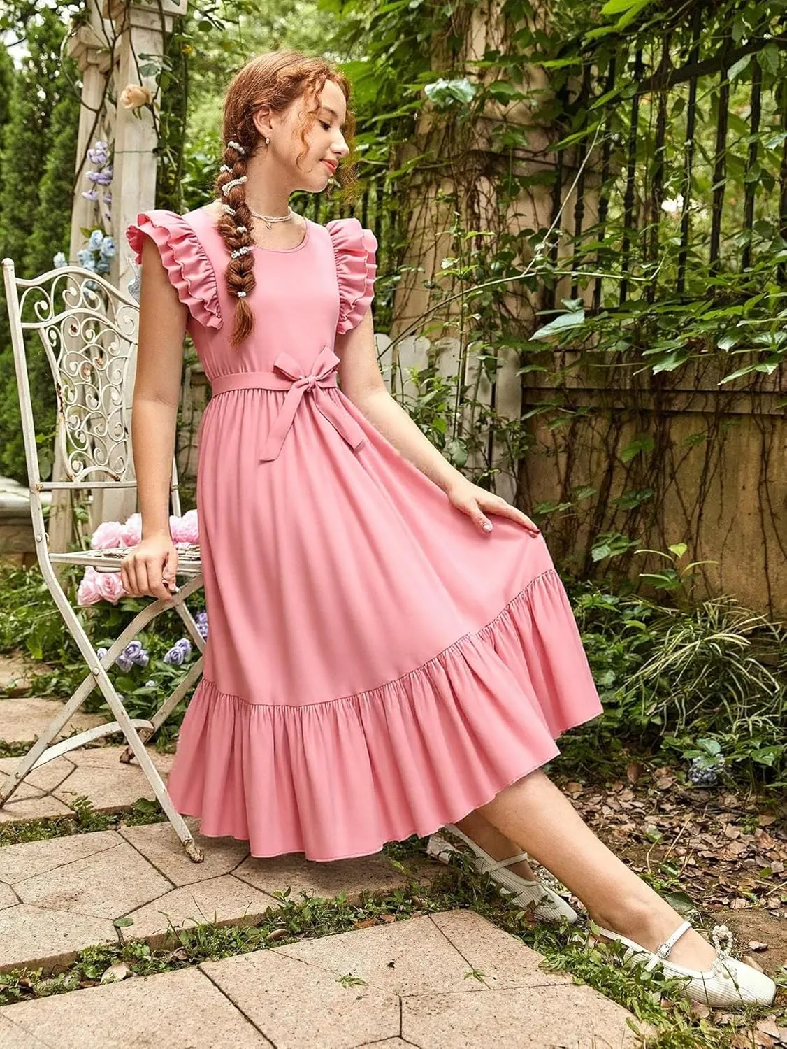Girls Dresses Double Layer Ruffle Sleeve Dress Casual Summer Elegant A-Line Flowy Dresses 6-14 Years