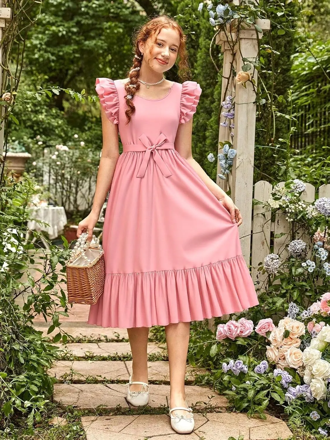 Girls Dresses Double Layer Ruffle Sleeve Dress Casual Summer Elegant A-Line Flowy Dresses 6-14 Years