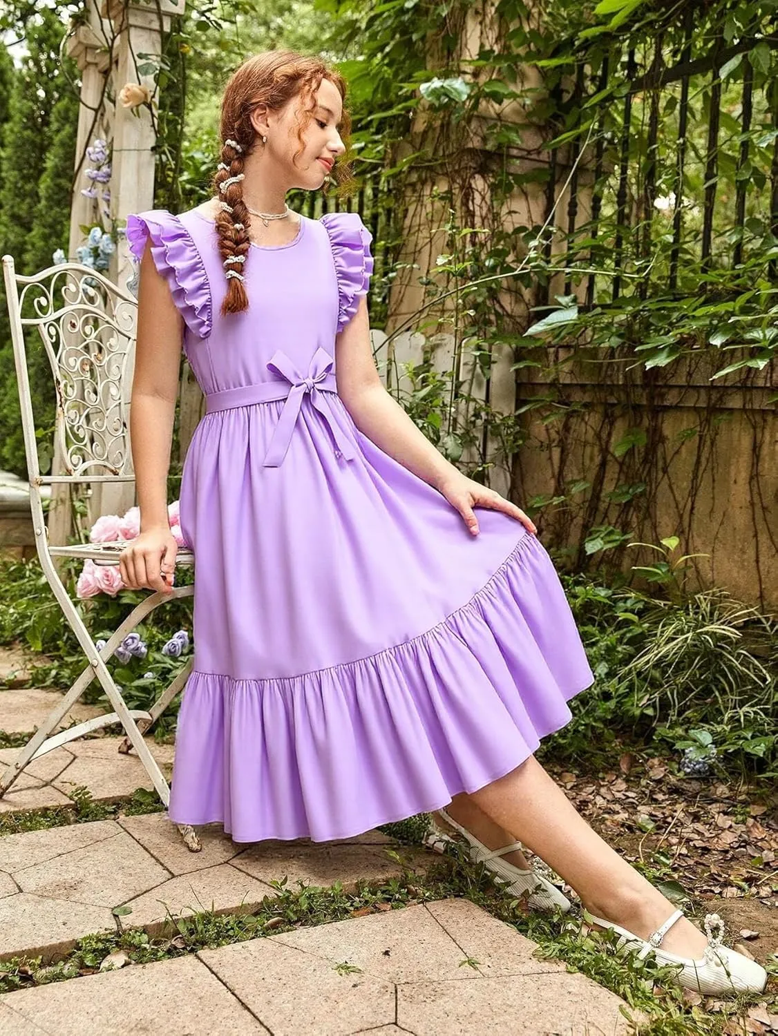 Girls Dresses Double Layer Ruffle Sleeve Dress Casual Summer Elegant A-Line Flowy Dresses 6-14 Years