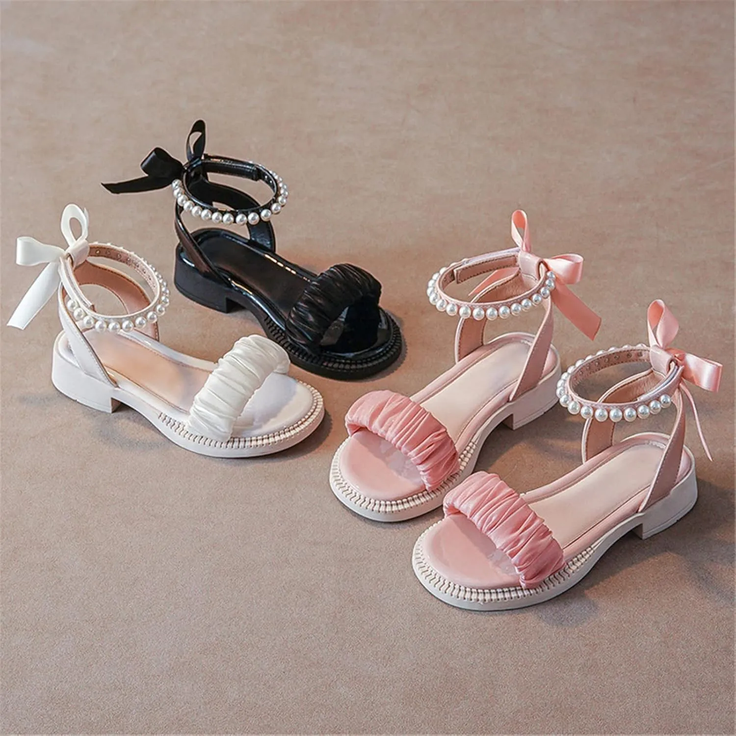 Girls Sandals Kids Open Toe Ankle Strap Dress Shoes For Wedding Party Pearl Low Heel Round Toe Sandal For Toddler