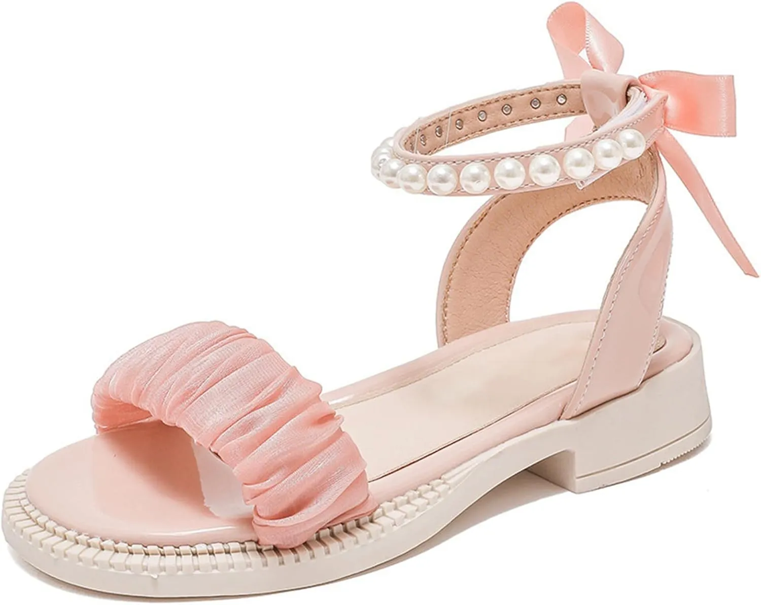 Girls Sandals Kids Open Toe Ankle Strap Dress Shoes For Wedding Party Pearl Low Heel Round Toe Sandal For Toddler