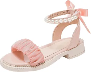 Girls Sandals Kids Open Toe Ankle Strap Dress Shoes For Wedding Party Pearl Low Heel Round Toe Sandal For Toddler