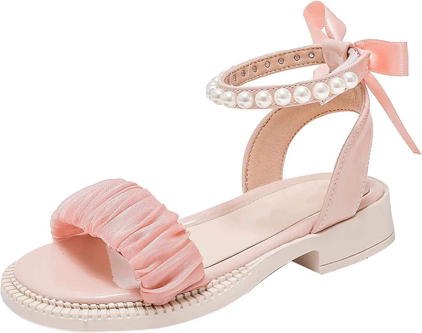 Girls Sandals Kids Open Toe Ankle Strap Dress Shoes For Wedding Party Pearl Low Heel Round Toe Sandal For Toddler