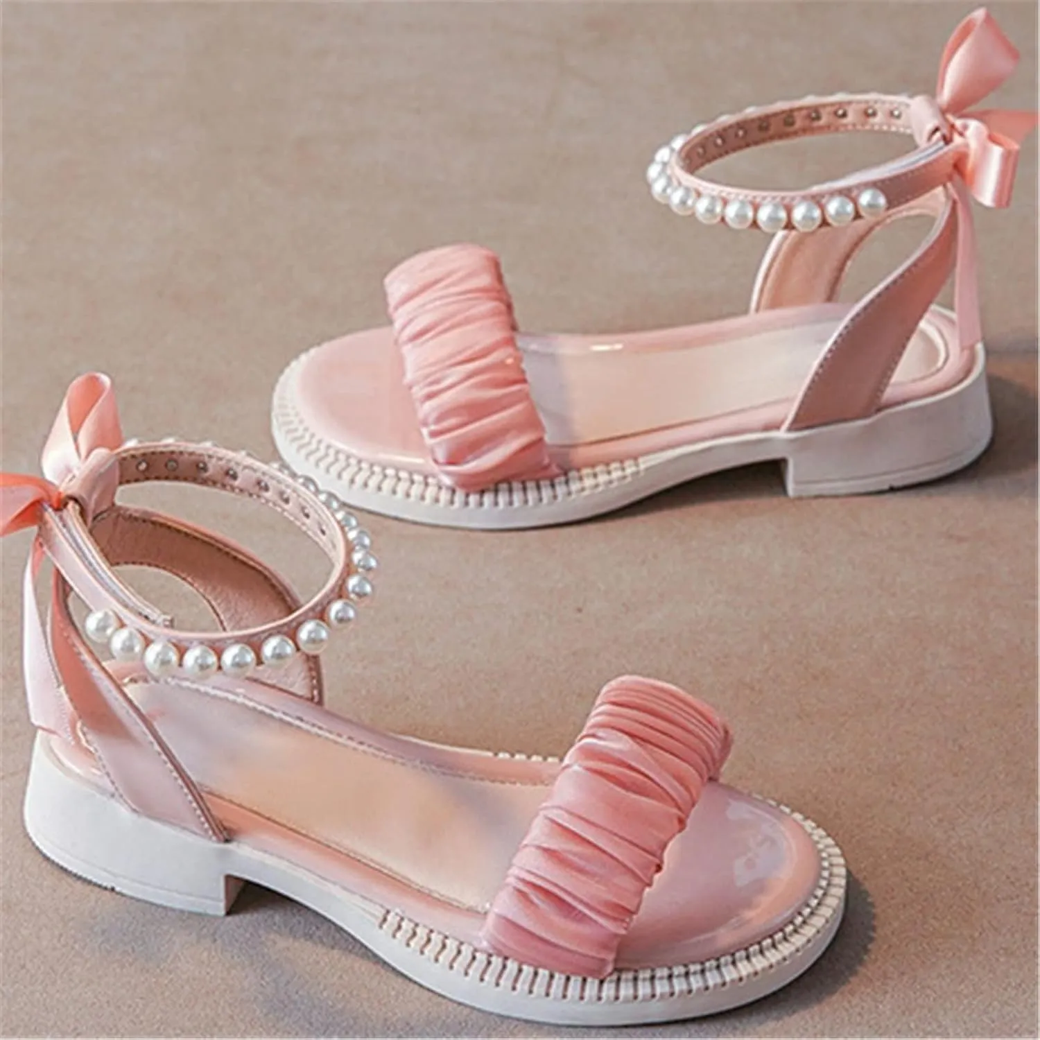 Girls Sandals Kids Open Toe Ankle Strap Dress Shoes For Wedding Party Pearl Low Heel Round Toe Sandal For Toddler
