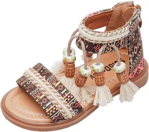 Girls Sandals Open Toe Back Zippe Flat Sandals Tassel Ankle Strap Dress Shoes Anti-Slip Round Toe Sandal For Kids