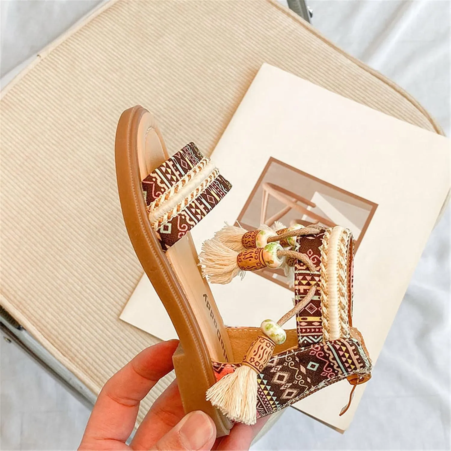 Girls Sandals Open Toe Back Zippe Flat Sandals Tassel Ankle Strap Dress Shoes Anti-Slip Round Toe Sandal For Kids