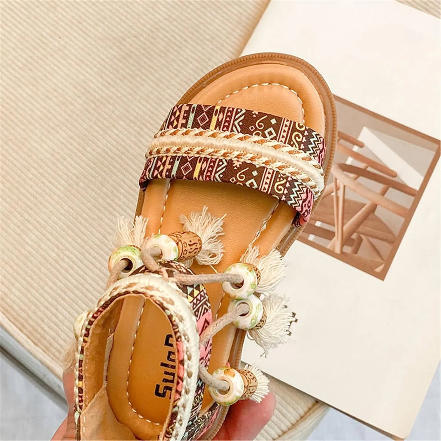 Girls Sandals Open Toe Back Zippe Flat Sandals Tassel Ankle Strap Dress Shoes Anti-Slip Round Toe Sandal For Kids