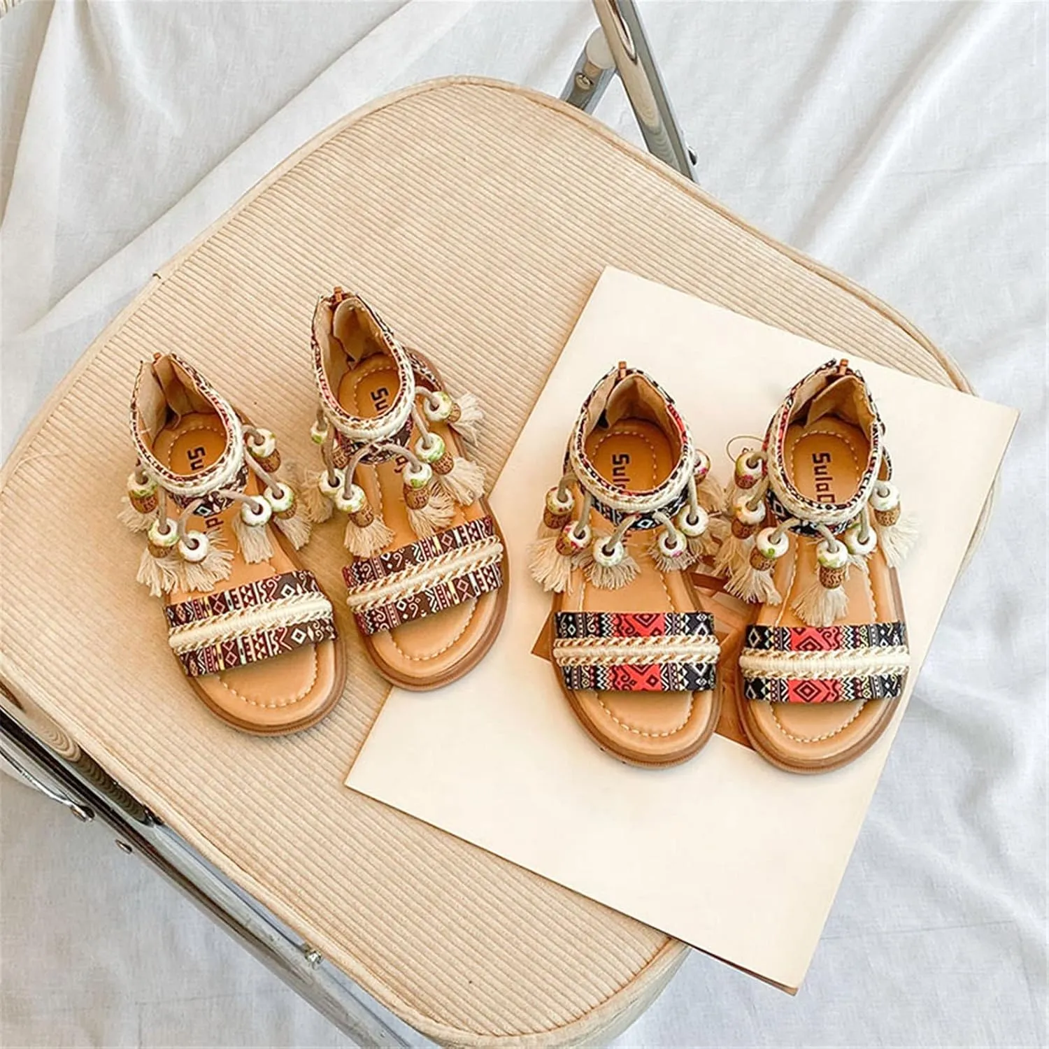 Girls Sandals Open Toe Back Zippe Flat Sandals Tassel Ankle Strap Dress Shoes Anti-Slip Round Toe Sandal For Kids
