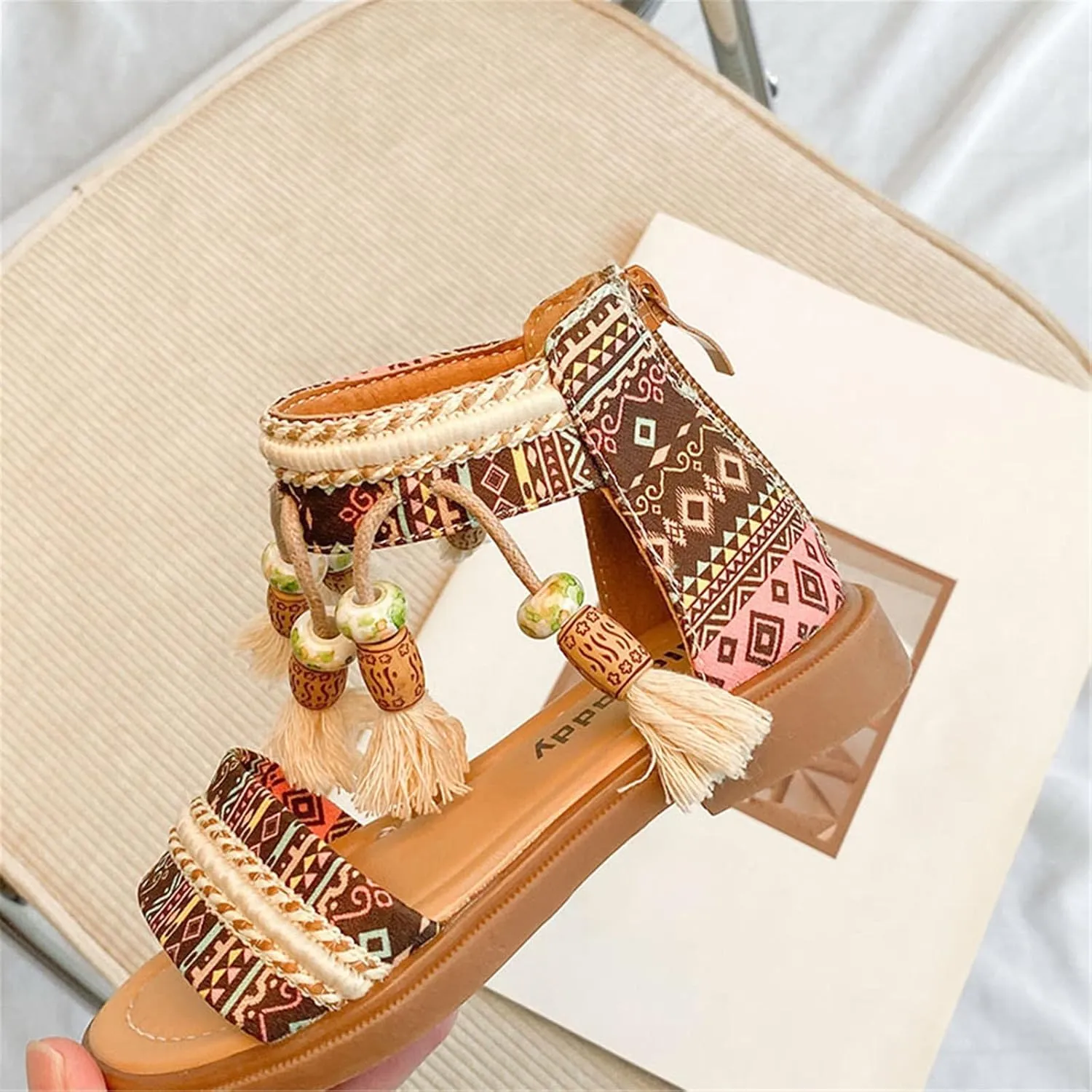 Girls Sandals Open Toe Back Zippe Flat Sandals Tassel Ankle Strap Dress Shoes Anti-Slip Round Toe Sandal For Kids