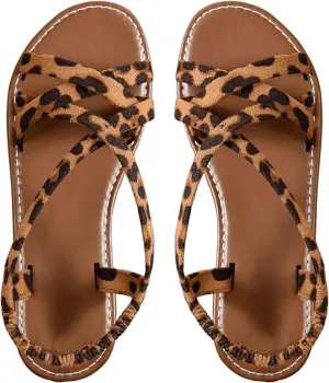 GORGLITTER Women's Leopard Strappy Flat Sandals Y2K Criss Cross Strap Open Toe Slingback Cheetah Slide Sandals
