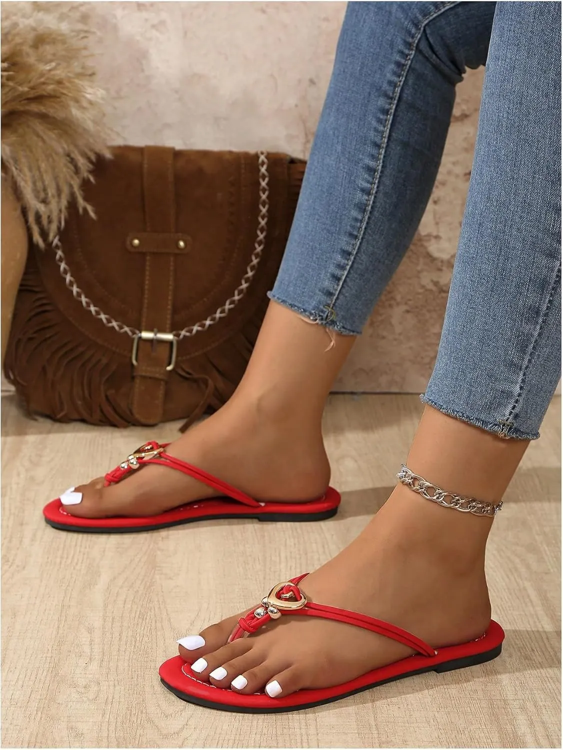 GORGLITTER Women's Summer Beach Flip Flops Ring Linked Beaded Slide Thong Flat Sandals
