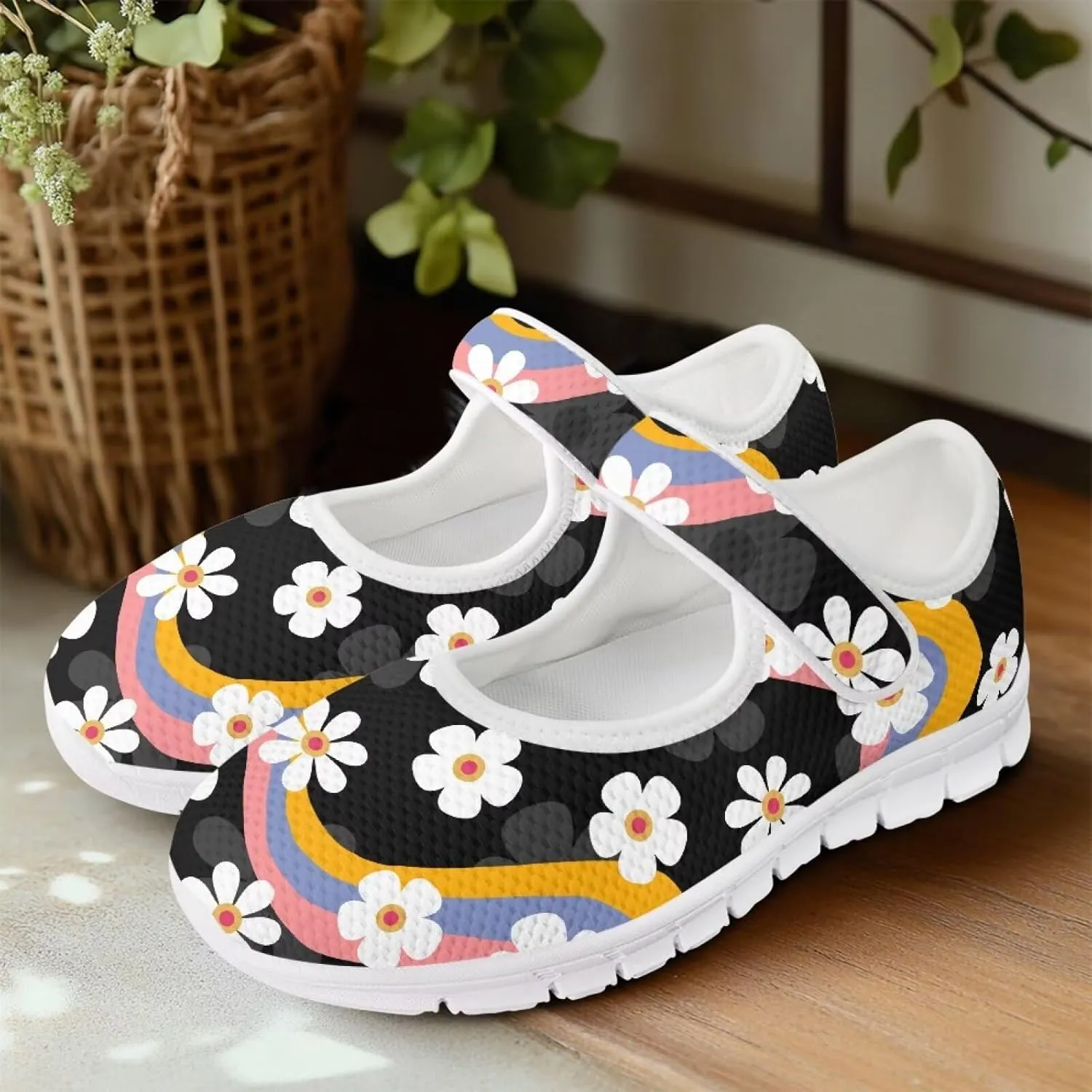 GOSTONG Women's Art Flowers Casual Shoes Single Buckle Sneakers Lightweight Non Slip Walking Shoes for Daily Wear White Size 5.5-10