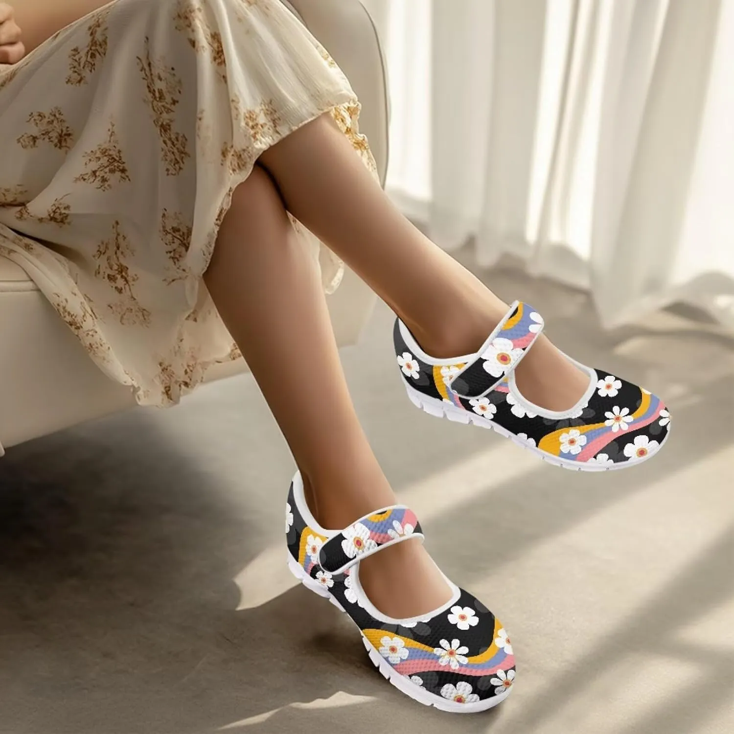 GOSTONG Women's Art Flowers Casual Shoes Single Buckle Sneakers Lightweight Non Slip Walking Shoes for Daily Wear White Size 5.5-10